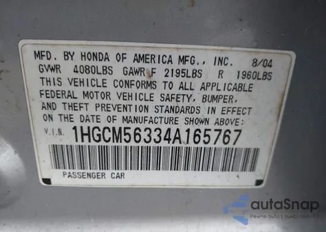 2004 Honda Accord 2.4 Lx z USA, uszkodzony, nr VIN 1HGCM56334A165767